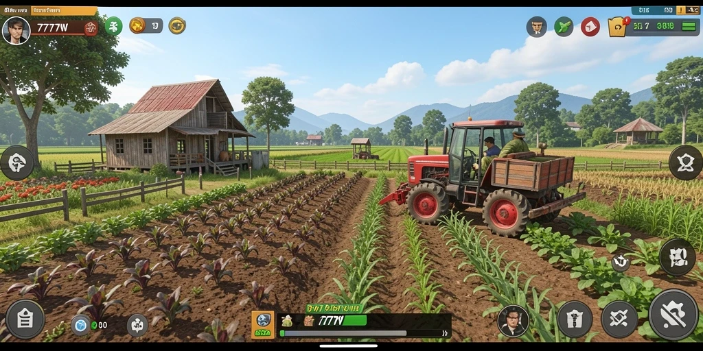Screenshot gameplay 7777W menampilkan kebun yang indah dan penuh warna.
