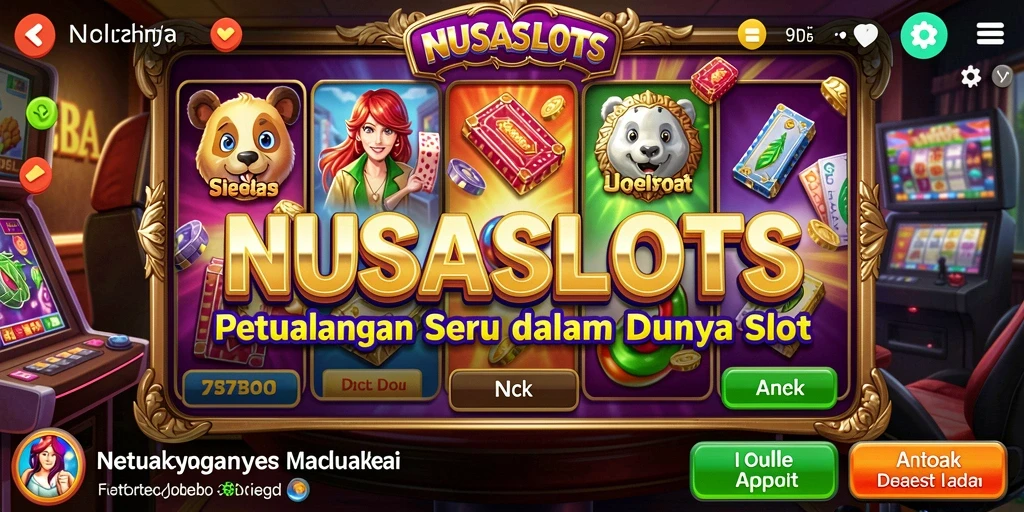 Tampilan layar permainan petualangan di NUSASLOTS yang menampilkan slot dan karakter unik.