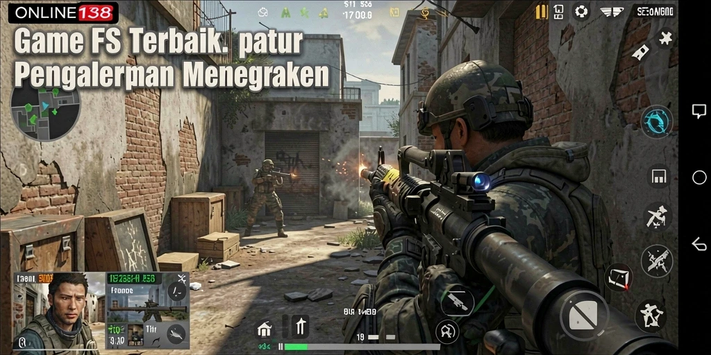 Screenshot utama menunjukkan aksi pertempuran intens dalam gameplay FPS.